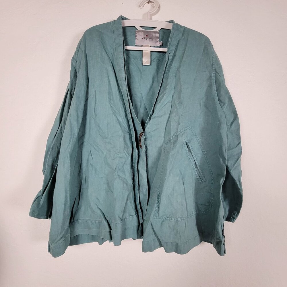 Cheyenne Womens Teal 100% Linen Jacket L/XL Lightweight Wooden Button Pocket
